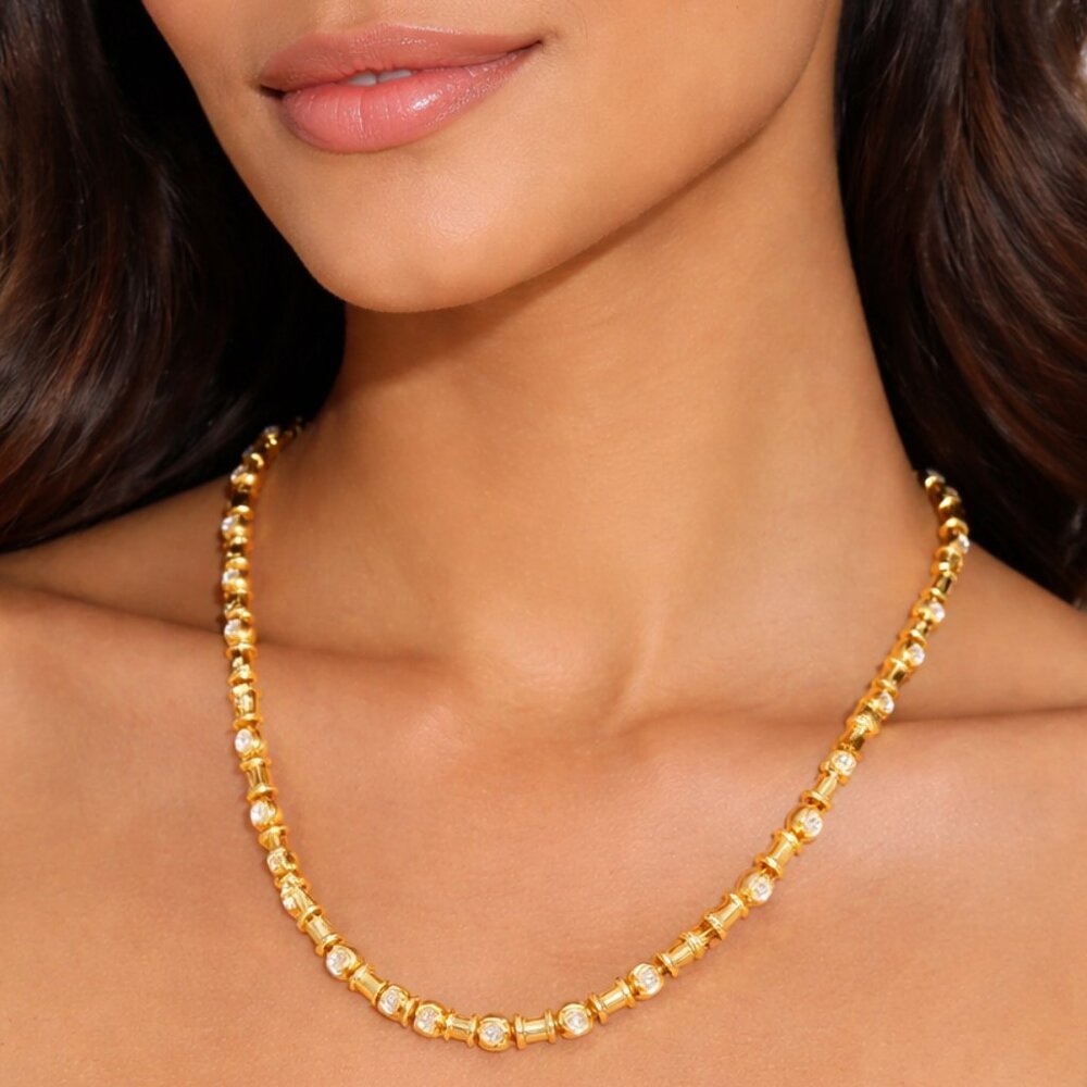 Gold Tone Necklace with Bezel-Set Clear Stones - 17.5"